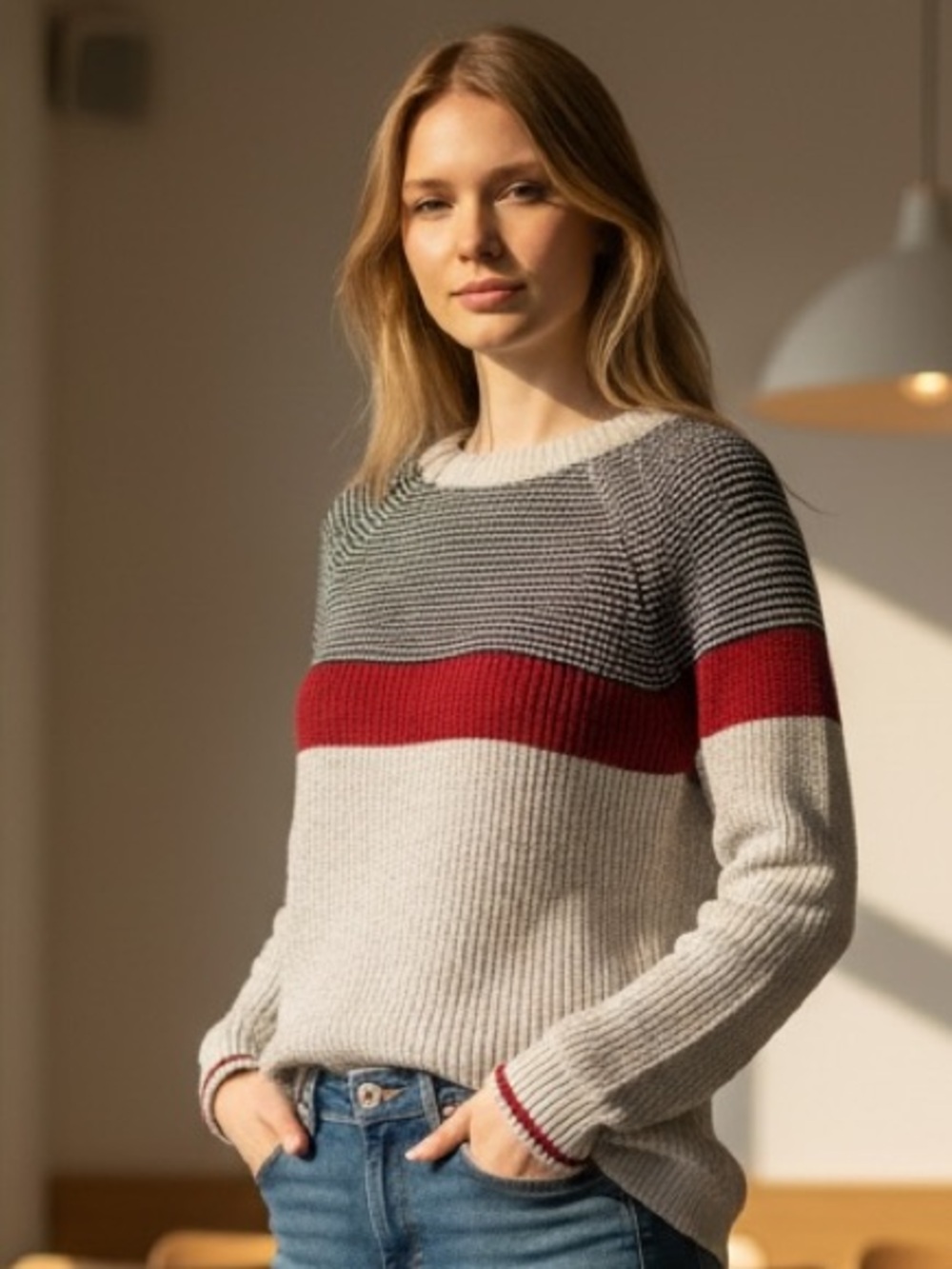 Roots Colorblock Ribbed Sweater in Gray, Red, and Cream